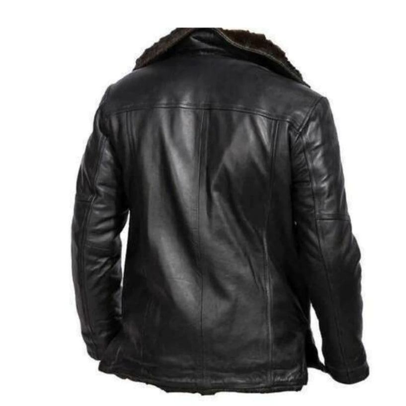 Men Black Genuine Sheepskin Leather Jacket with Shearling
