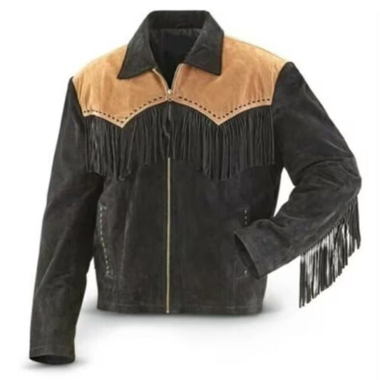 Men Black Handmade Suede Western Cowboy Leather Jacket With Fringes