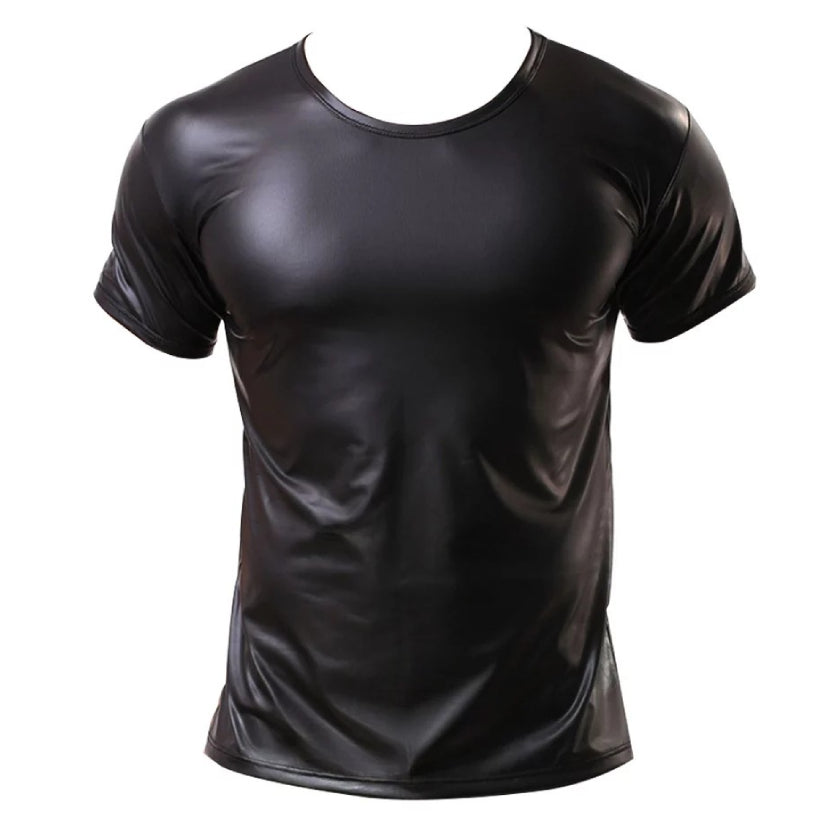 Men Black Leather T-Shirts Elastic Fashion
