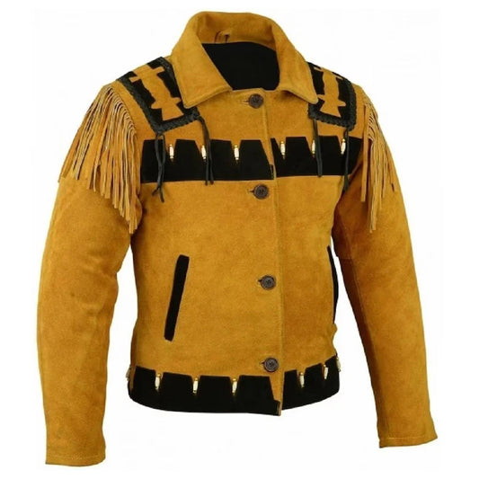 Men Brown American Native Western Cowboy Real Leather Jacket Fringes