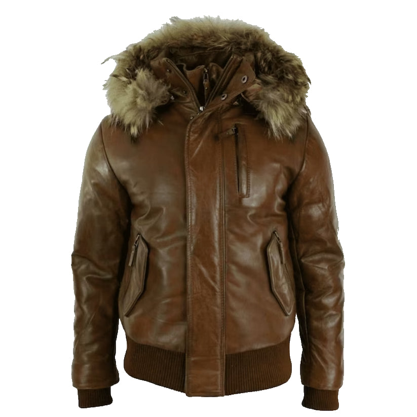 Men Brown Bomber Leather Hooded Jacket