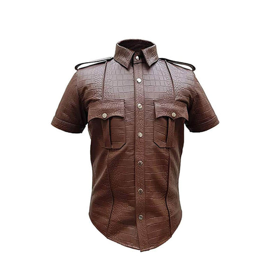 Men Brown Leather Police Uniform Style Shirt