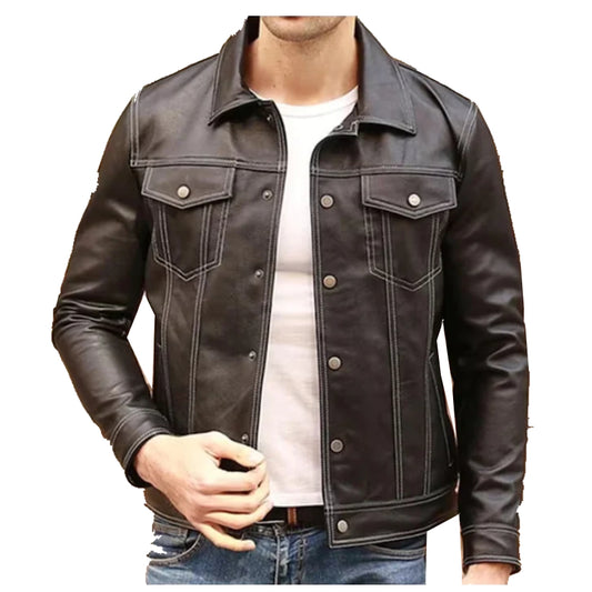 Men Cow Trucker Leather Jacket