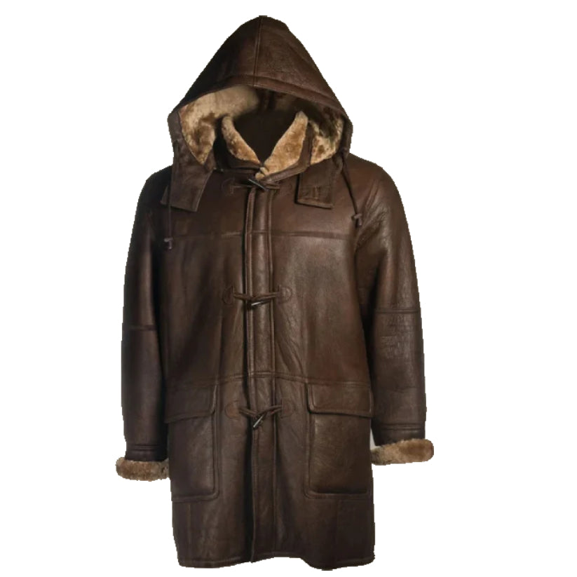 Men Dark Brown Shearling Leather Coat Hooded Sheepskin Leather Coat