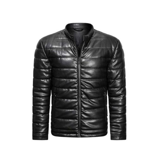 Men Down Coat leather puffer jacket Leather For Sports Black