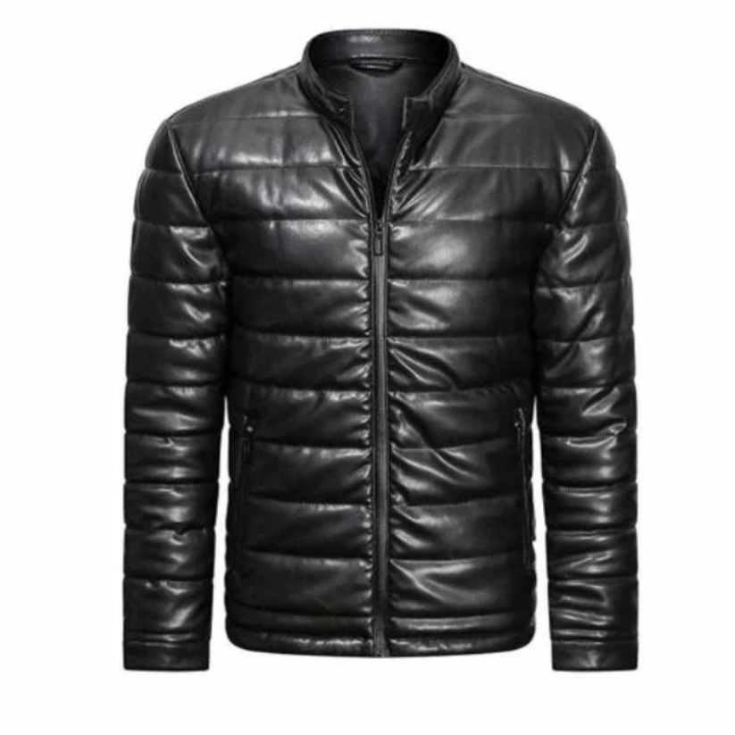 Men Down Coat leather puffer jacket Leather For Sports Black