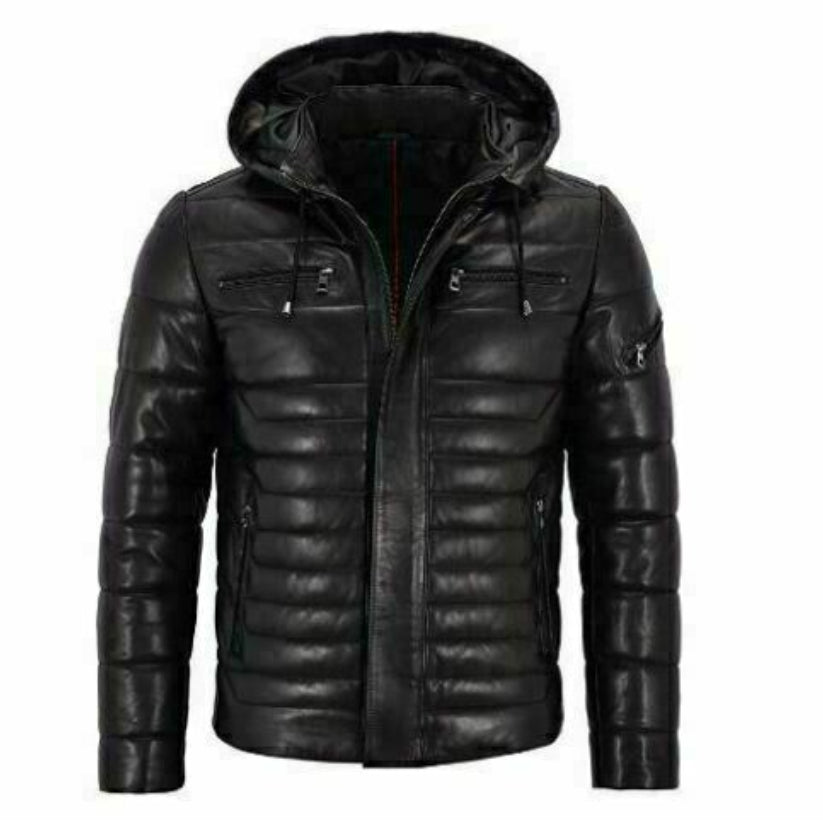 Men Genuine Lambskin Leather Puffer Hooded Black Fully Quilted Jacket