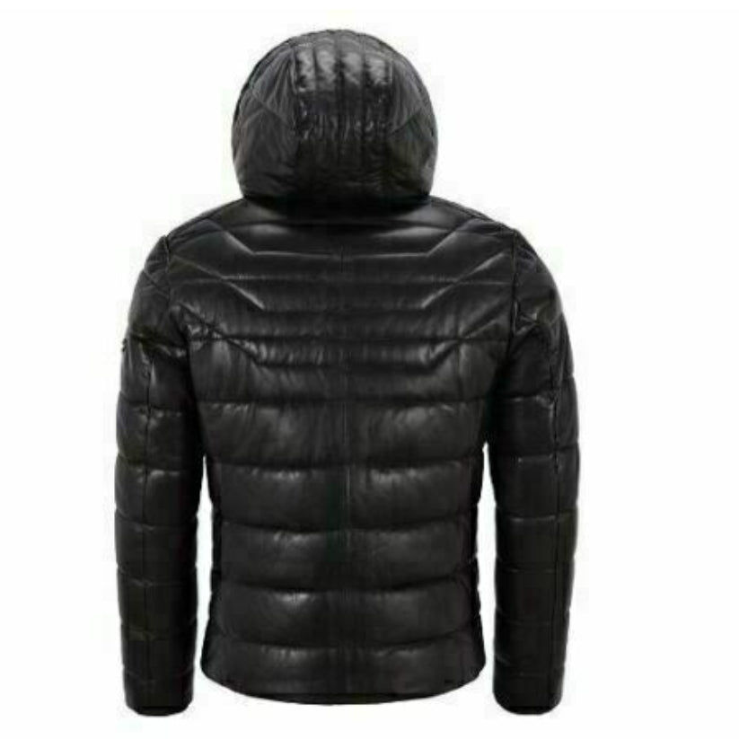 Men Genuine Lambskin Leather Puffer Hooded Black Fully Quilted Jacket