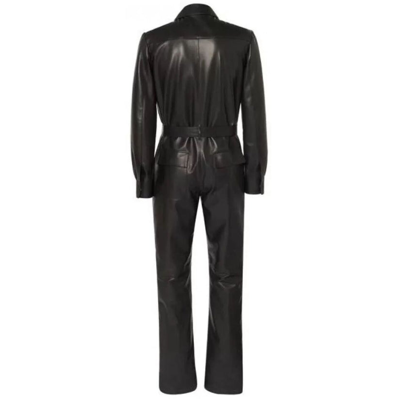 Men Genuine Soft Leather Catsuit Full Zipper Overall Bodysuit Jumpsuit Black