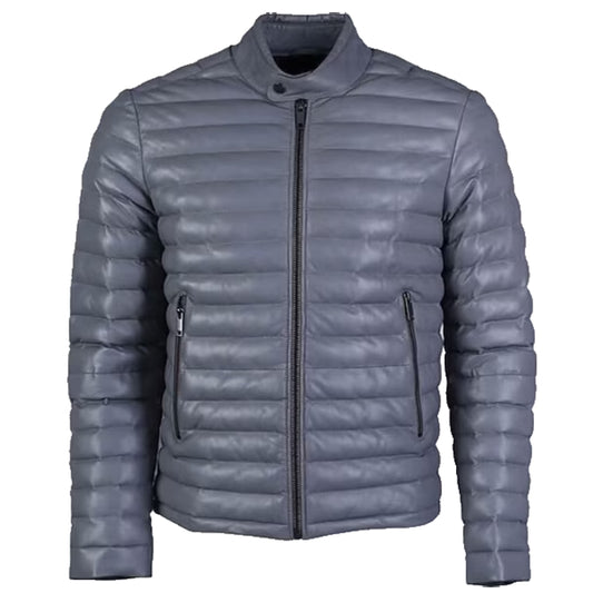Men Leather Puffer Grey Quilted Jacket