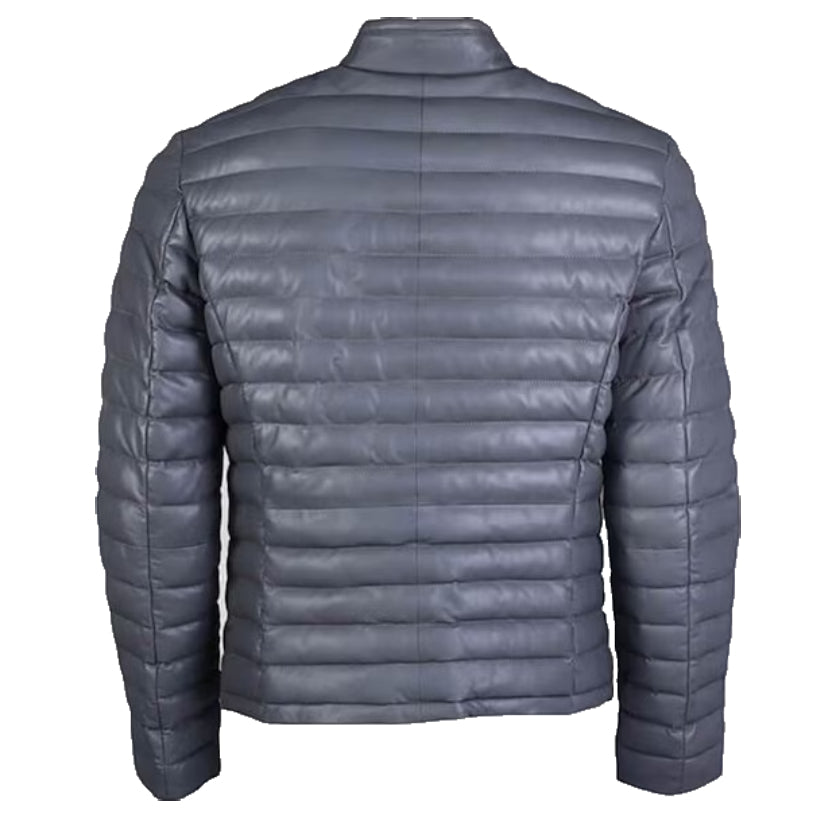 Men Leather Puffer Grey Quilted Jacket