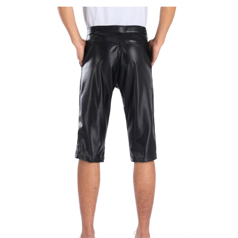 Men Leather Shorts Stretch Black Wet Look Short