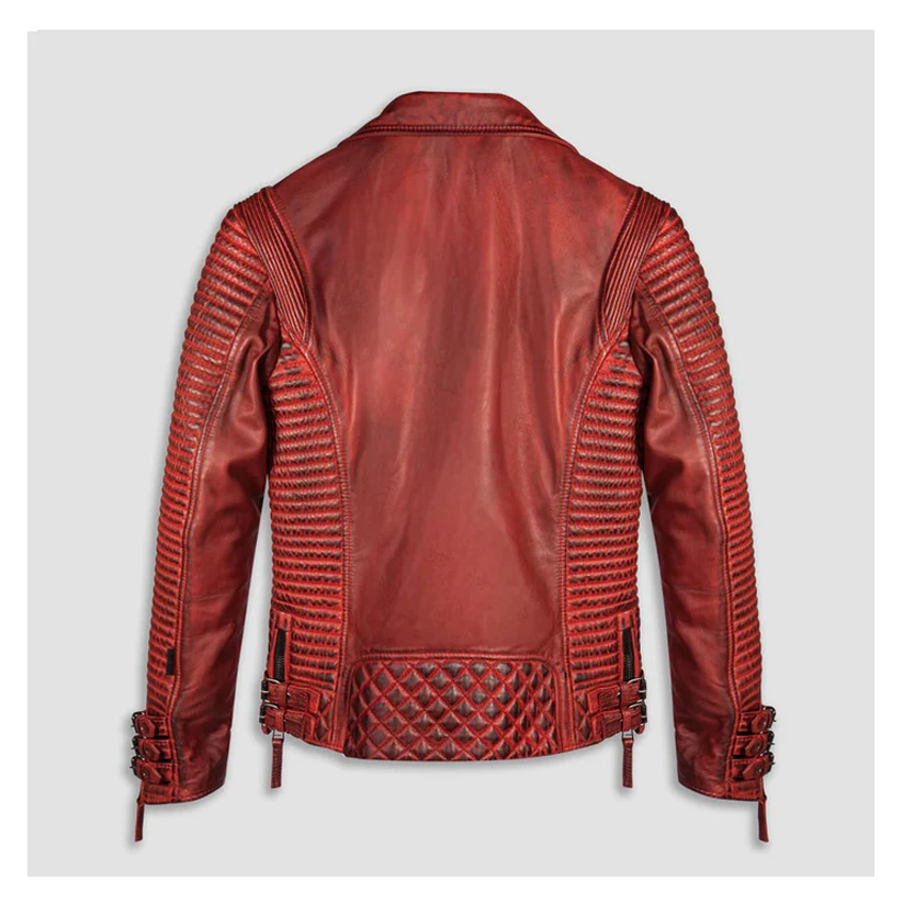 Men Red Waxed Biker Leather Motorcycle Jacket