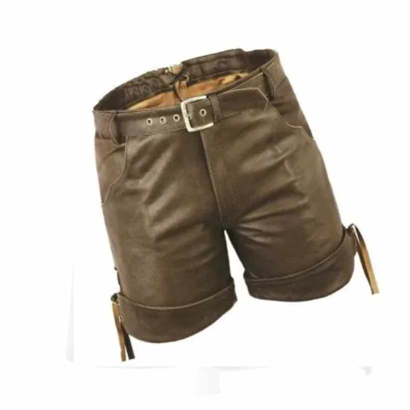 Men Smart Wear Real Sheepskin Brown Leather Shorts