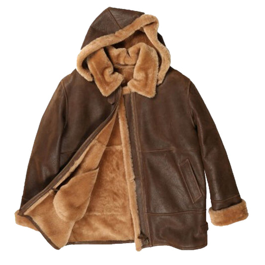Men Soft Sheepskin Leather Shearling Fur Brown Hooded Jacket