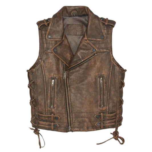 Men Vintage Motorcycle Leather Waistcoat Distressed Brown Biker Leather Vest