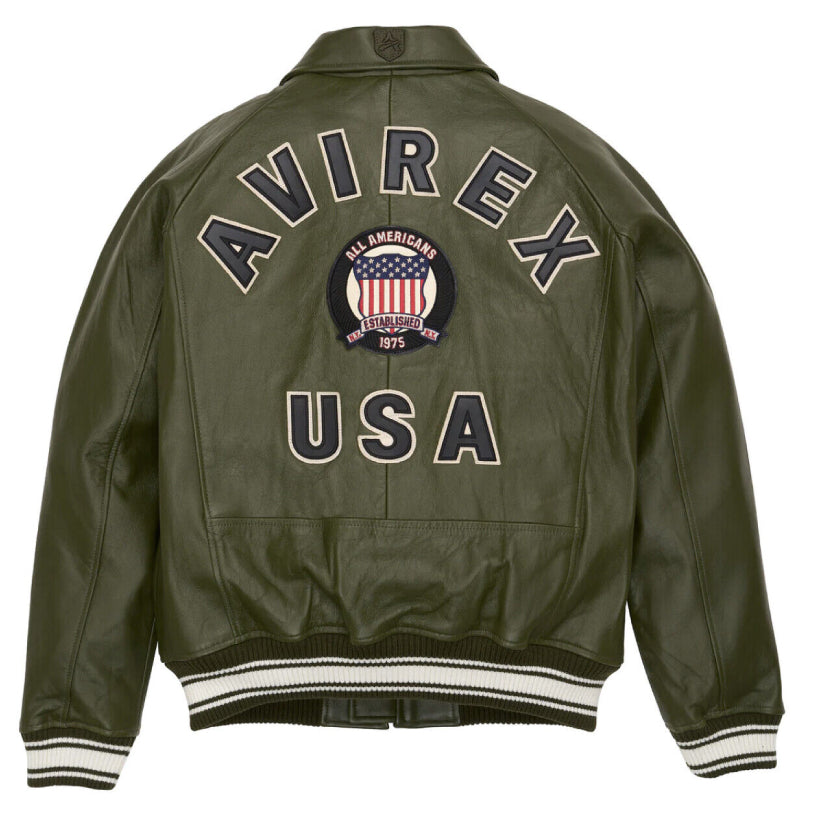 Men's Avirex Green Real Bomber American Flight Leather Jacket