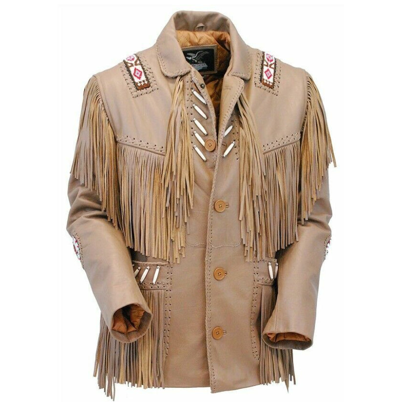 Men's Beige Western Cowboy Suede Leather Jacket