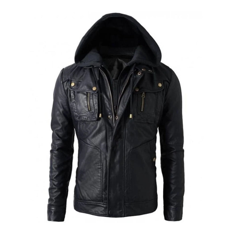 Men’s Biker Style Leather Hoodie Jacket
