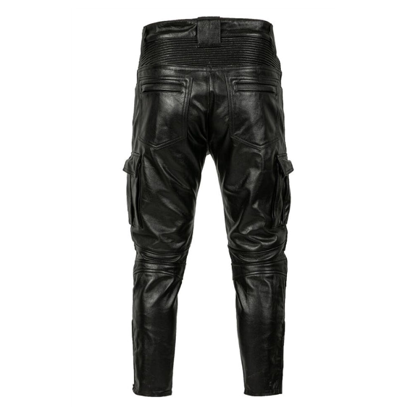 Men's Black Motorcycle Style Real Leather Trousers Cowhide Windproof Biker Pants