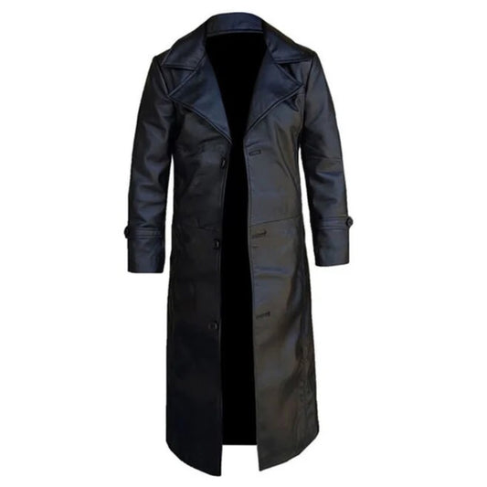 Men's Black Real Leather Trench Coat