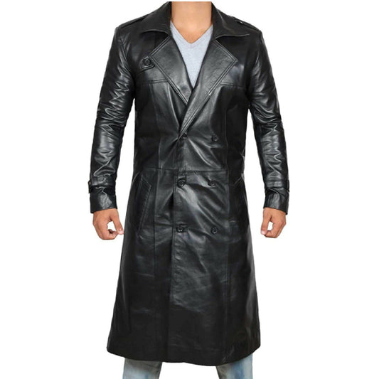 Men's Black Sheepskin Leather Duster Trench Coat