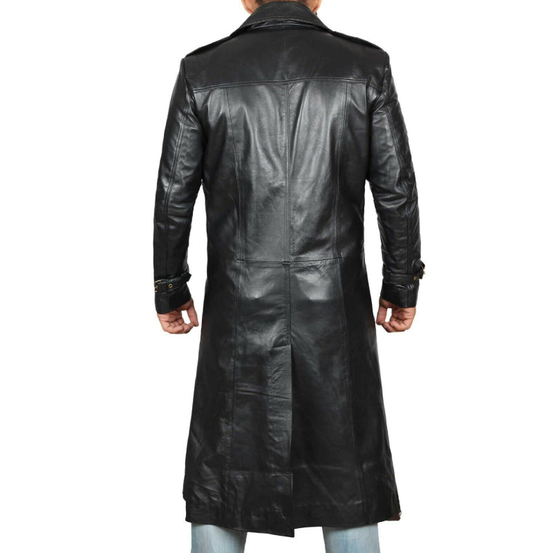 Men's Black Sheepskin Leather Duster Trench Coat