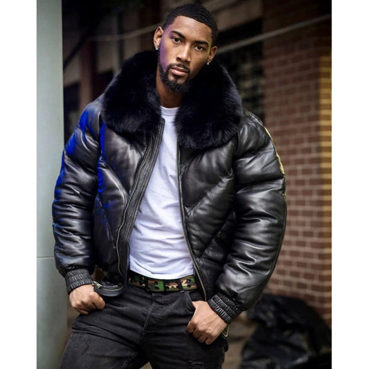 Men’s Black V Bomber Jacket with Luxe Black Fur Collar