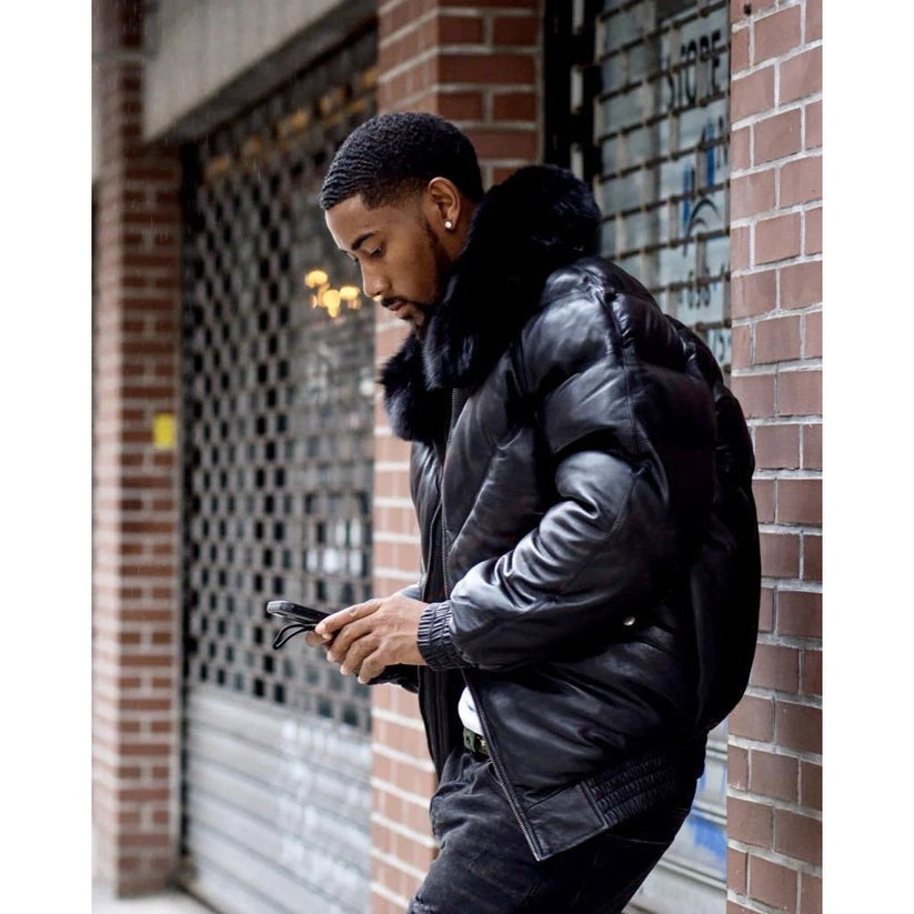 Men’s Black V Bomber Jacket with Luxe Black Fur Collar