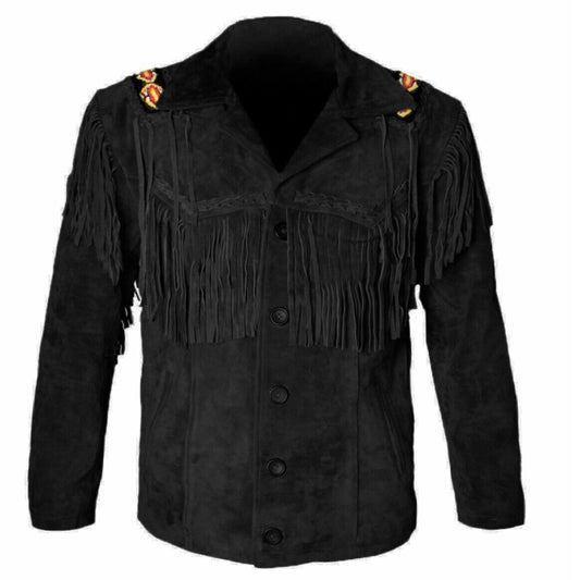 Men's Black Western Cowboy Suede Leather Jacket With Fringe & Beads