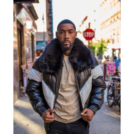 Men's Black & White V-Bomber Jacket with Fur Collar