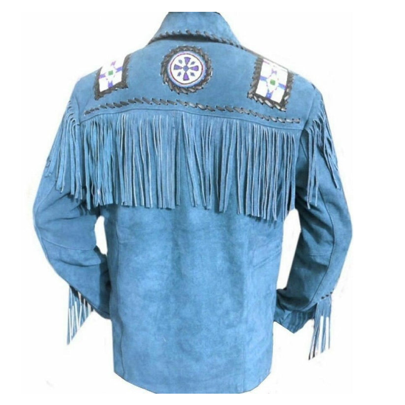 Men's Blue Suede Leather Vintage Jacket Fringed and Eagle Beaded Coat