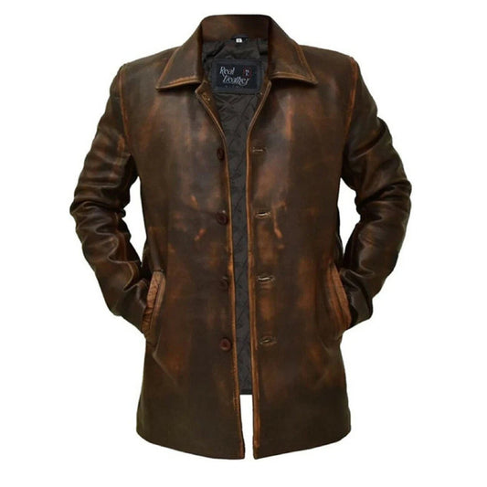 Men's Brown Distressed Leather Trench Coat
