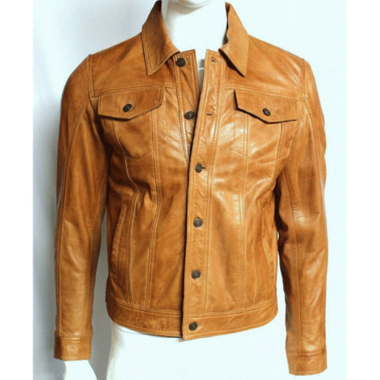 Men's Brown Leather Trucker Jacket