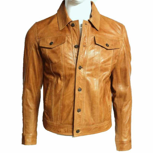 Mens Brown Leather Trucker Jacket
