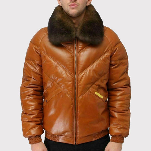 Men’s Brown Sheepskin V-Bomber Jacket with Fox Fur Collar
