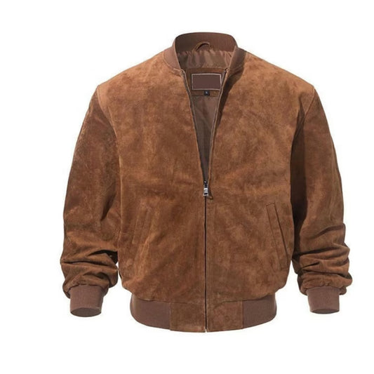 Men's Brown Suede Leather Bomber Jacket