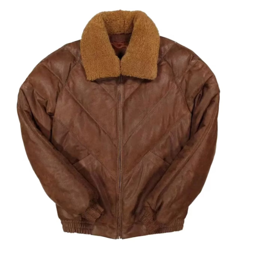 Men's Brown V Bomber Leather Jacket
