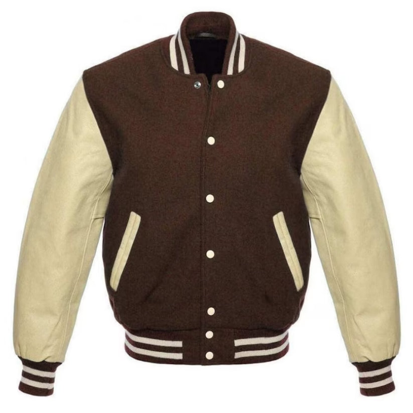 Men's Brown Wool & Cream Leather Sleeves Varsity Jacket
