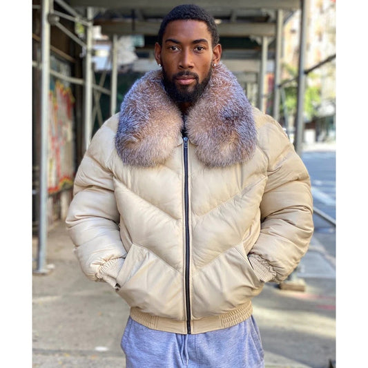 Men’s Cream V‑Bomber Jacket with Crystal Fox Fur Collar