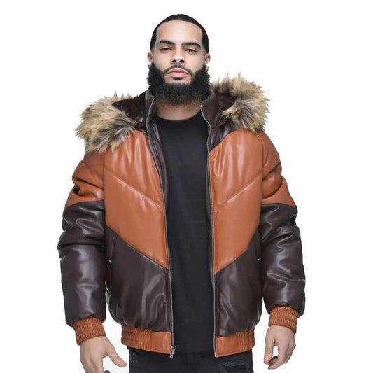 Men’s Faux Leather V Bomber Jacket With Detachable Faux Fur Hood