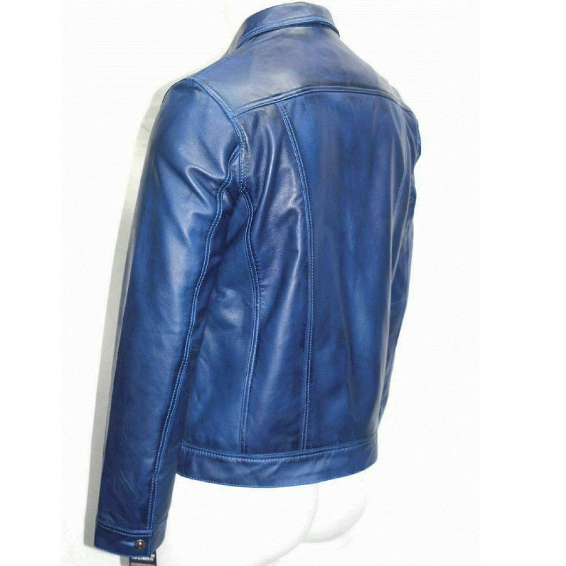 Men's Genuine Lambskin Leather Trucker Jacket Blue Biker Denim