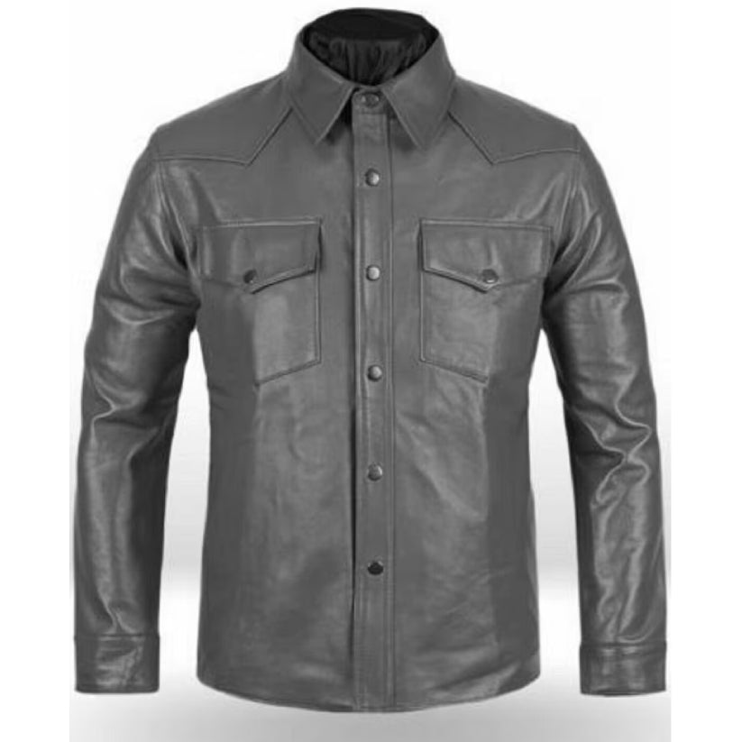 Men's Grey Lambskin Leather Shirt