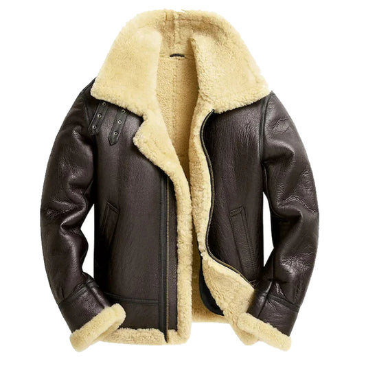 Men High Quality Sheepskin Leather shearling fur collar Leather jacket