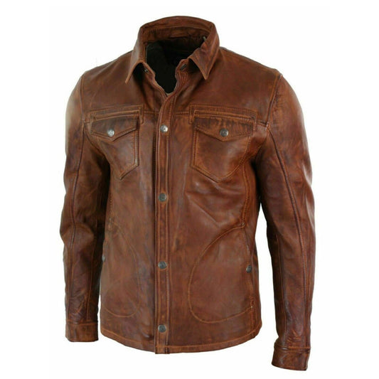 Men's Lambskin Real Leather Slim Fit Biker Vintage Distressed Brown Button Shirt
