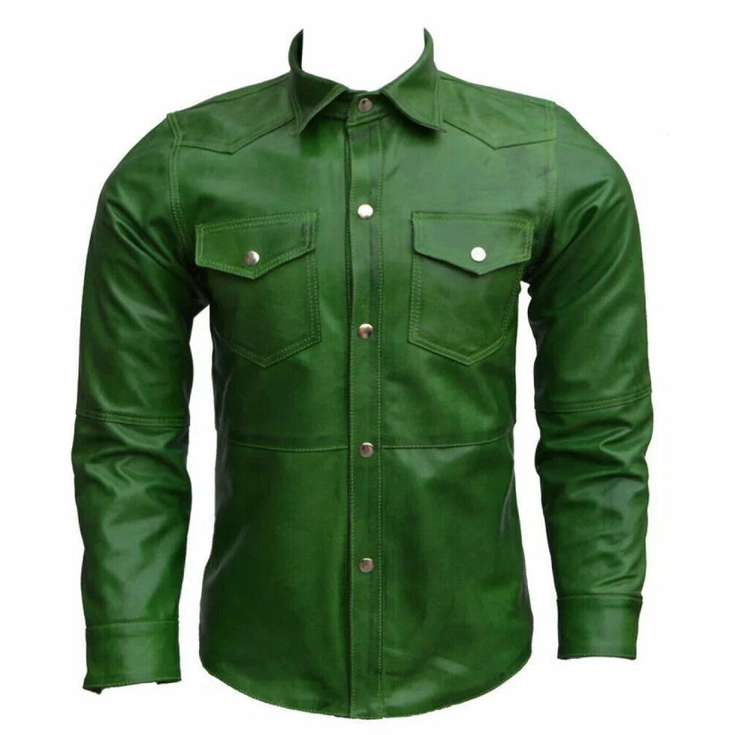 Men's Leather Shirt 100% Pure Lambskin Leather Green Jacket Causal Wear Shirt