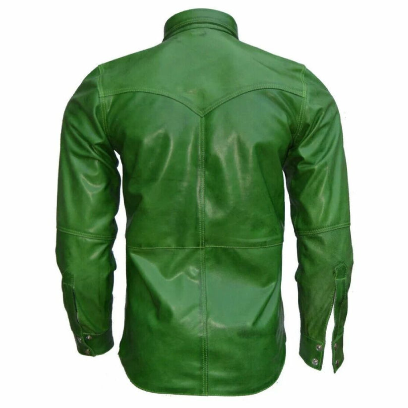 Men's Leather Shirt 100% Pure Lambskin Leather Green Jacket Causal Wear Shirt