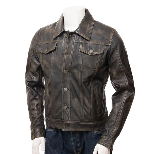 Men’s Leather Trucker Jacket In Vintage