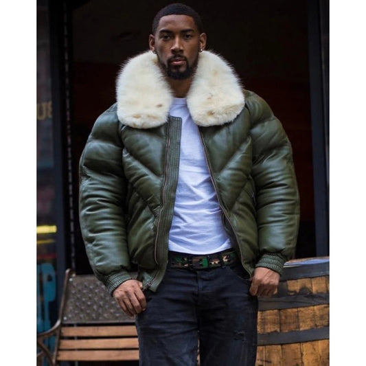 Men’s Money Green V-Bomber Jacket with Off-White Faux Fur Collar