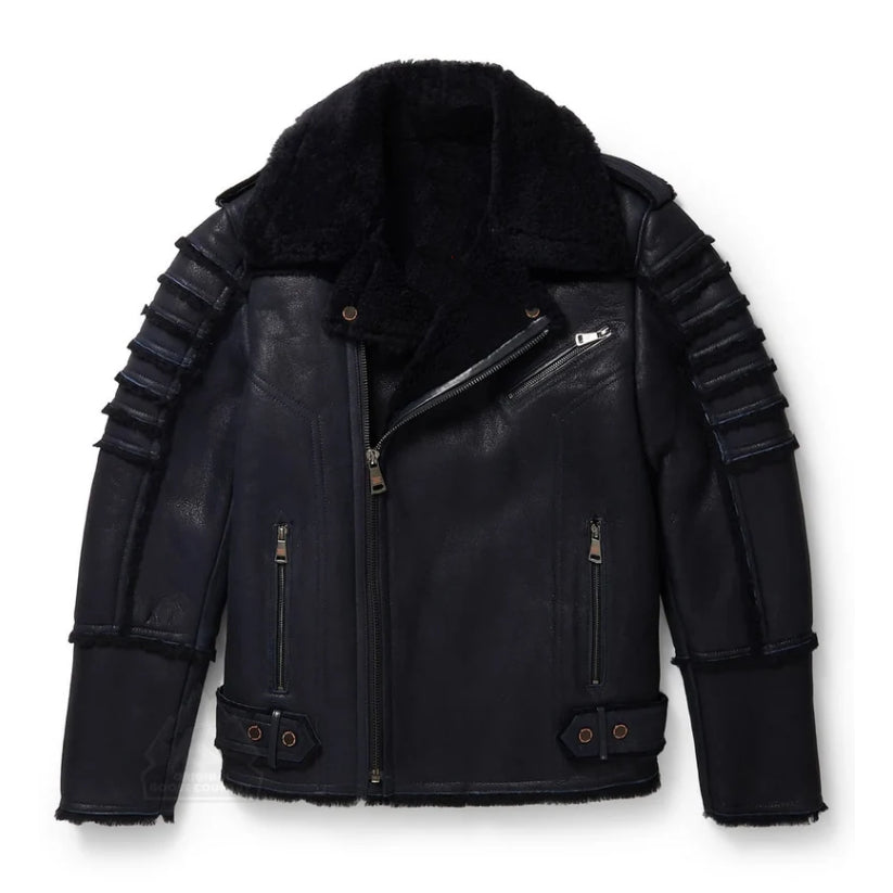 Men's Navy Genuine Sheep Skin Shearling Moto Jacket